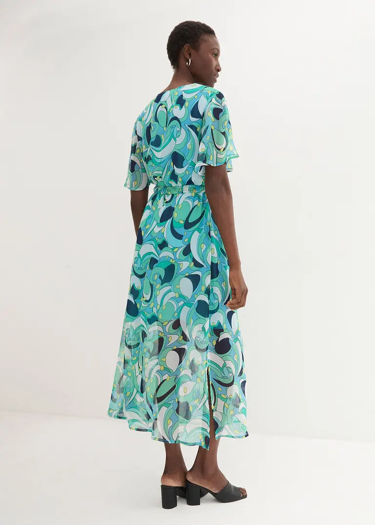 Bonprix Chiffon Kleid Mit Flügelärmeln Und Bindegürtel - Blau