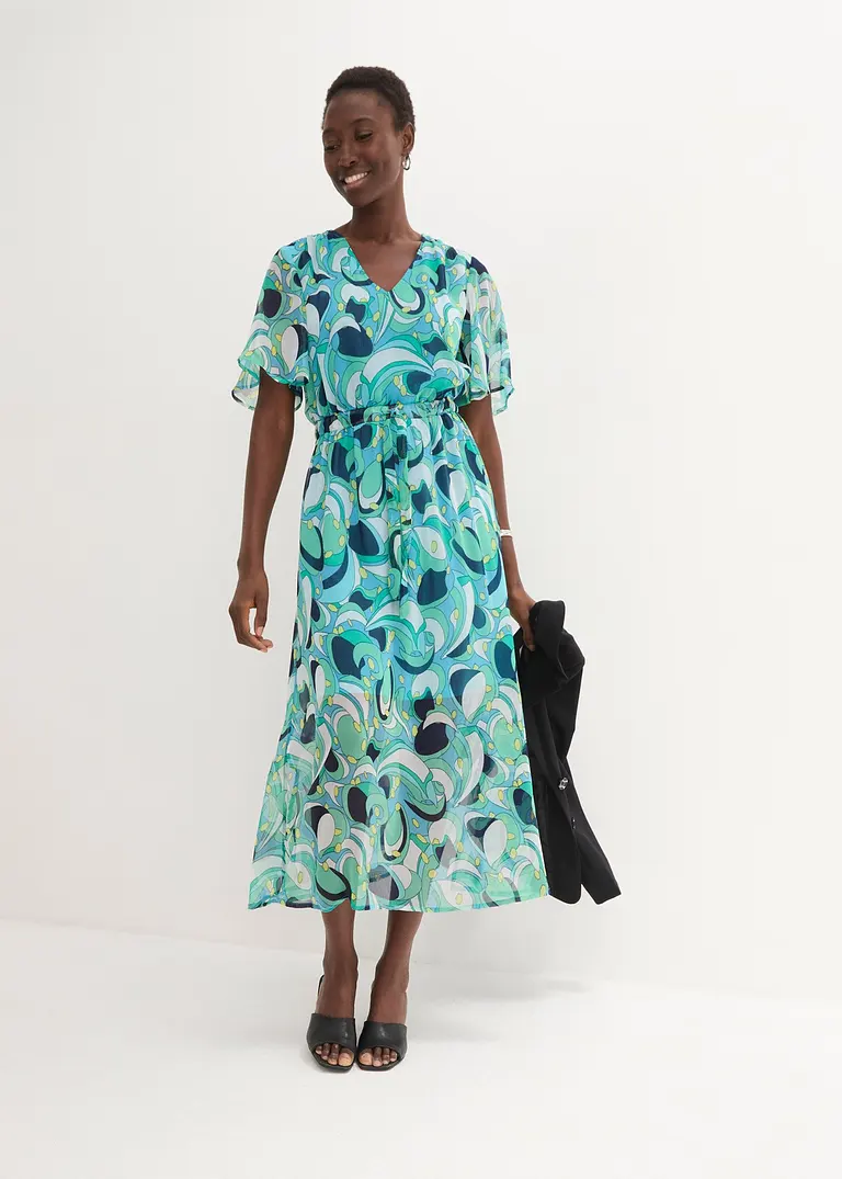 Bonprix Chiffon Kleid Mit Flügelärmeln Und Bindegürtel - Blau