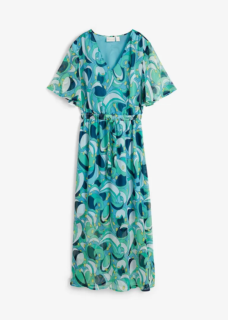 bonprix Chiffon Kleid mit Flügelärmeln und Bindegürtel - blau