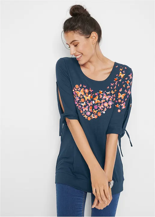 Bonprix Cold-Shoulder-Shirt Mit Hüschem Print - Blau - Damen