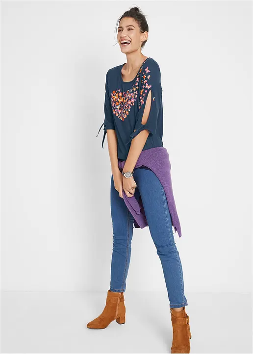 Bonprix Cold-Shoulder-Shirt Mit Hüschem Print - Blau - Damen