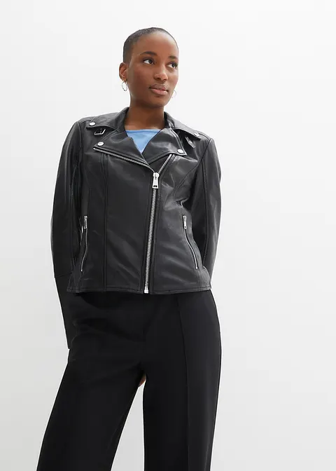 Bonprix Coole Biker-Lederjacke Aus Hochwertigen Lammnappa - Schwarz