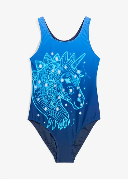 bonprix Cooler Badeanzug mit Einhorn Druck und Farbverlauf. - blau