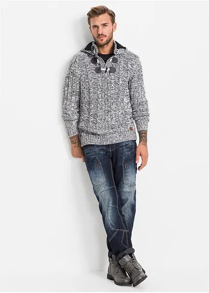 Bonprix Cooler Kapuzen-Pullover Aus Grobstrick Mit Stehkragen Und Knebelknöpfen