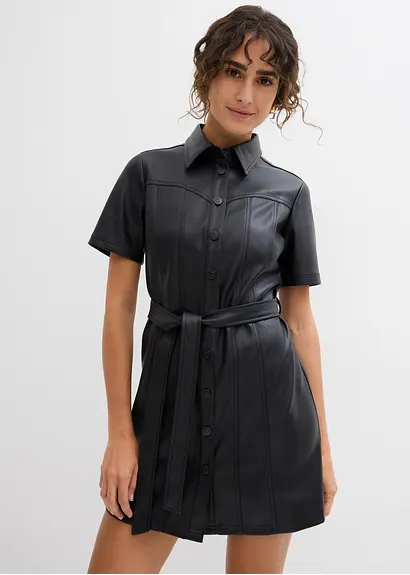 Bonprix Cooles Hemdblusenkleid Aus Kunstleder - Schwarz - Damen