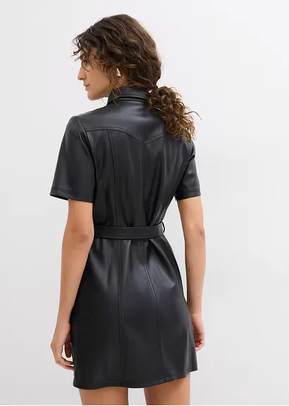 Bonprix Cooles Hemdblusenkleid Aus Kunstleder - Schwarz - Damen