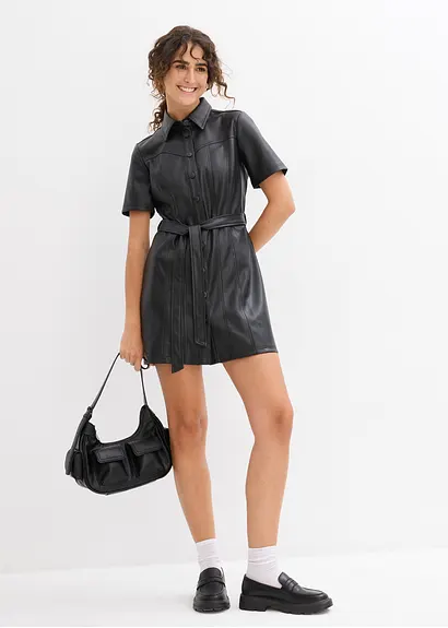 Bonprix Cooles Hemdblusenkleid Aus Kunstleder - Schwarz - Damen