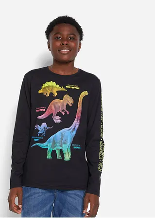 Bonprix Cooles Langarmshirt Mit Buntem Dino-Print - Schwarz