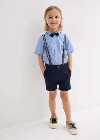 Bonprix Cooles Set Für Jungen Bestehend Aus Einem Kurzarmhemd Einer Chino-Bermuda Verstellbaren Hosenträgern Und Einer Gepunkteten Fliege