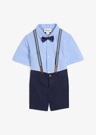 bonprix Cooles Set für Jungen bestehend aus einem Kurzarmhemd einer Chino-Bermuda verstellbaren Hosenträgern und einer gepunkteten Fliege