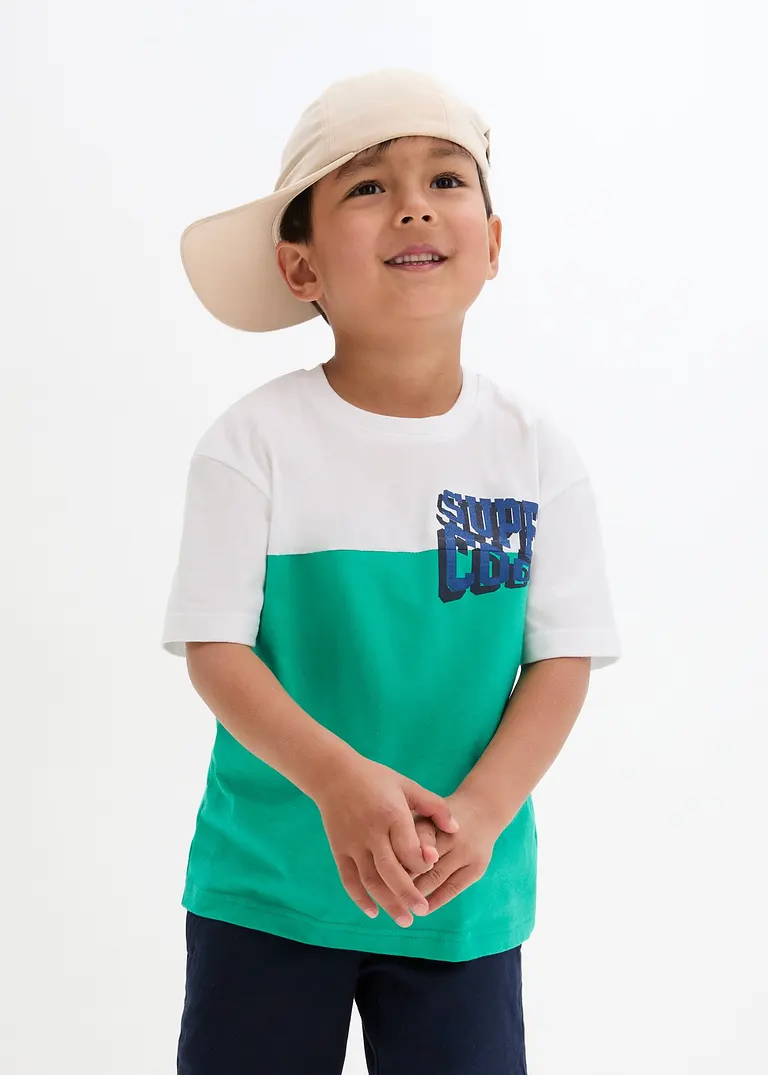 Bonprix Cooles Zweifarbiges T-Shirt Mit Druck Auf Der Brust - Weiß