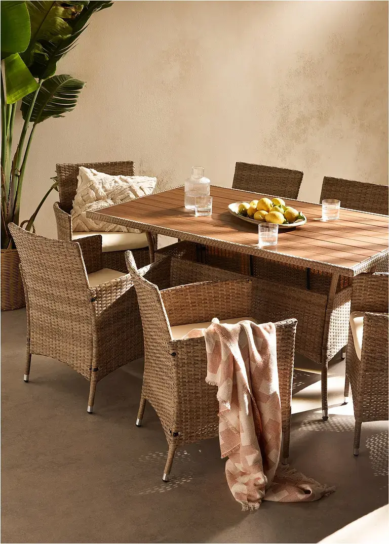 bonprix Dining Set für 6 Personen aus pflegeleichtem Polyrattan mit Tisch in Holzoptik