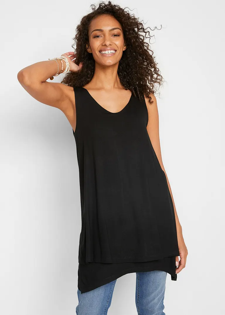 Bonprix Doppellagiges Long-Top Mit V-Ausschnitt Und Zipfelsaum Lang Geschnitten