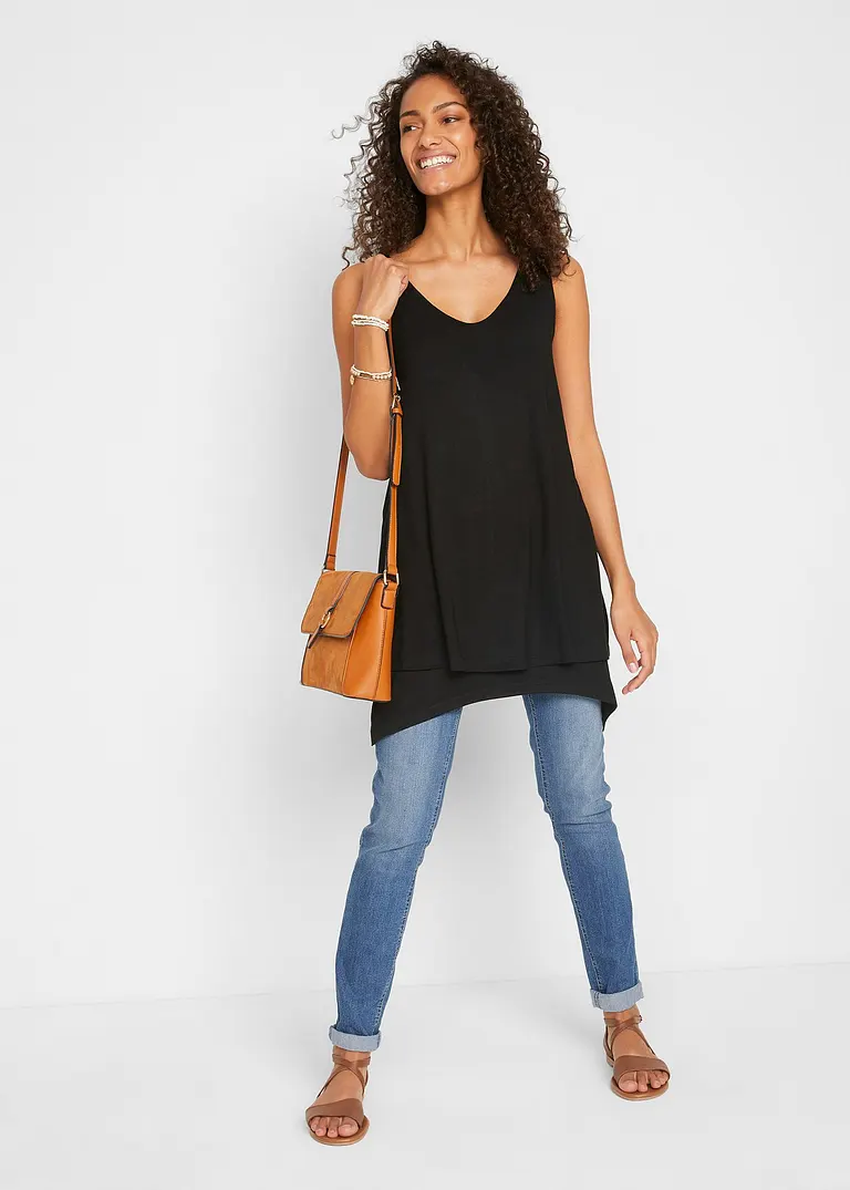 Bonprix Doppellagiges Long-Top Mit V-Ausschnitt Und Zipfelsaum Lang Geschnitten