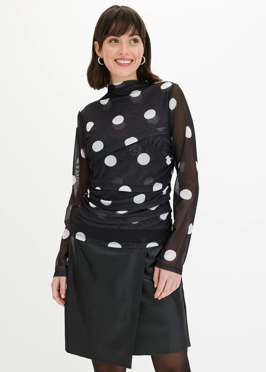 Bonprix Doppellagiges Mesh-Top Mit Großen Punkten - Schwarz