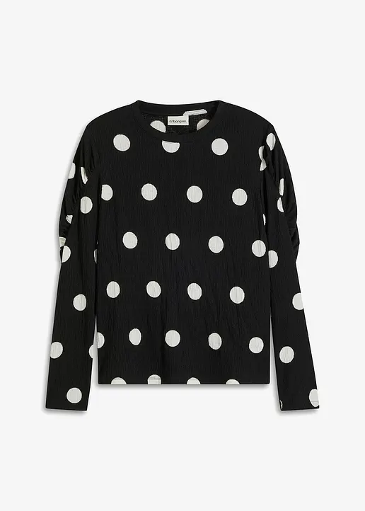 bonprix Druck-Shirt mit Raffungen an den Ärmeln - schwarz