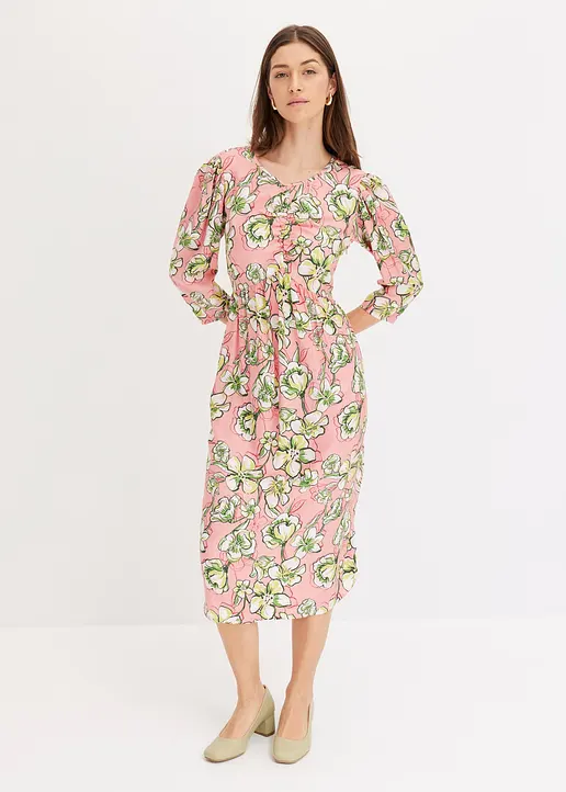 Bonprix Druckkleid Mit Raffung Am Vorderteil Und Puffärmeln - Rosa