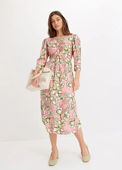 Bonprix Druckkleid Mit Raffung Am Vorderteil Und Puffärmeln - Rosa