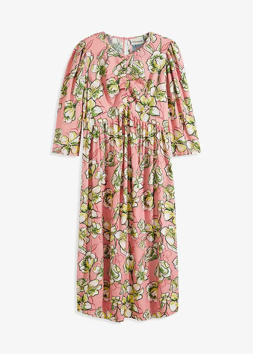 bonprix Druckkleid mit Raffung am Vorderteil und Puffärmeln - rosa