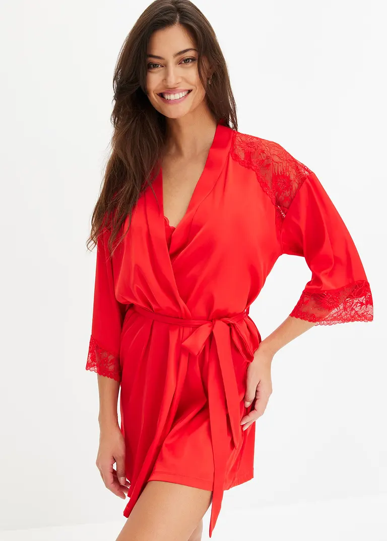Bonprix Edler Figurumspielender Kimono In Atemberaubendem Rot Und Spitze Mit Dezenten Pailletten