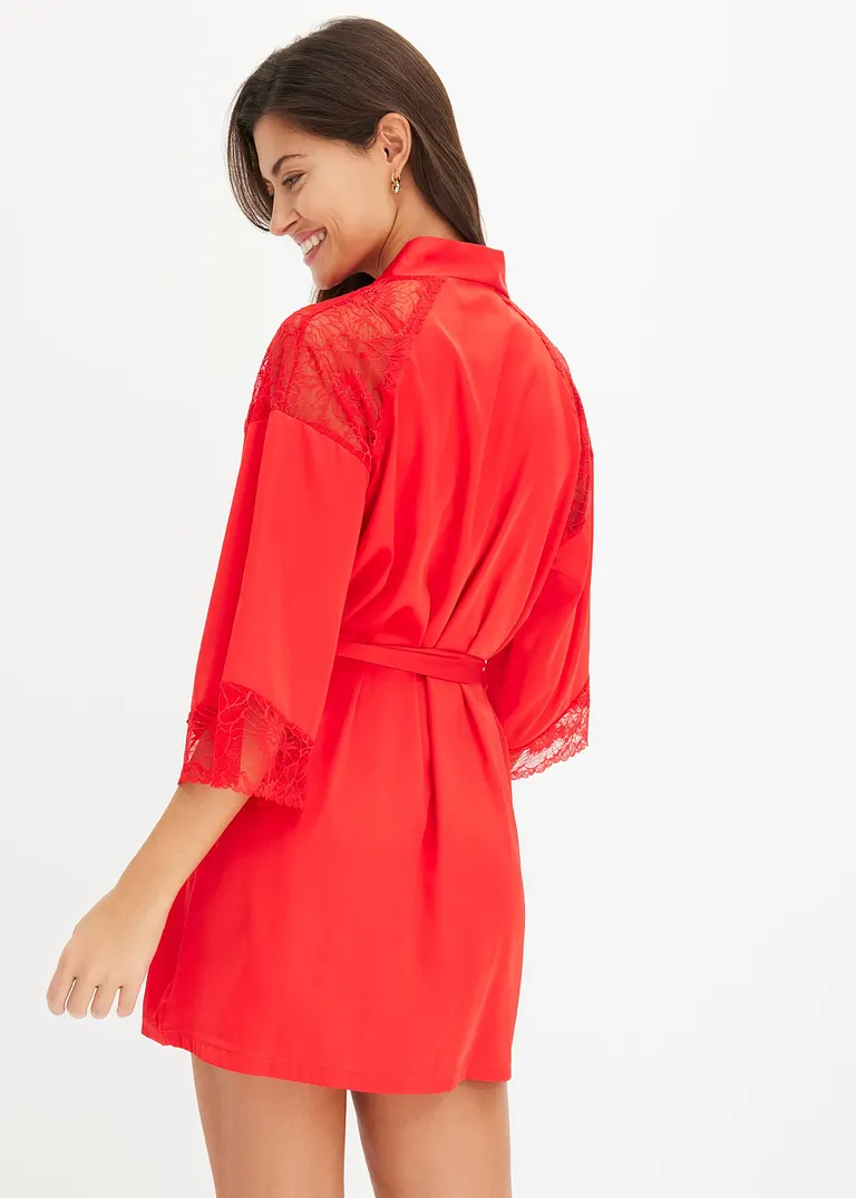 Bonprix Edler Figurumspielender Kimono In Atemberaubendem Rot Und Spitze Mit Dezenten Pailletten