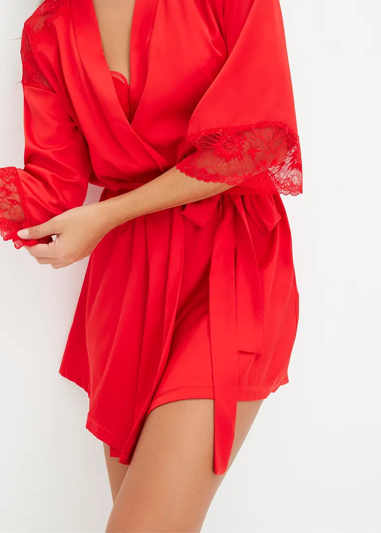 Bonprix Edler Figurumspielender Kimono In Atemberaubendem Rot Und Spitze Mit Dezenten Pailletten