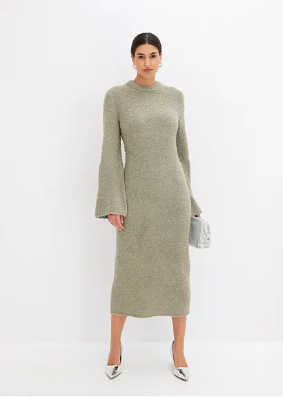 Bonprix Edles Bouclé Strickkleid Mit Rundhals Ausschnitt - Grün