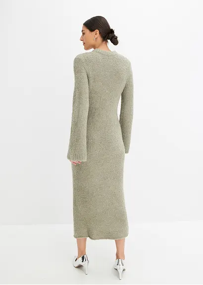Bonprix Edles Bouclé Strickkleid Mit Rundhals Ausschnitt - Grün