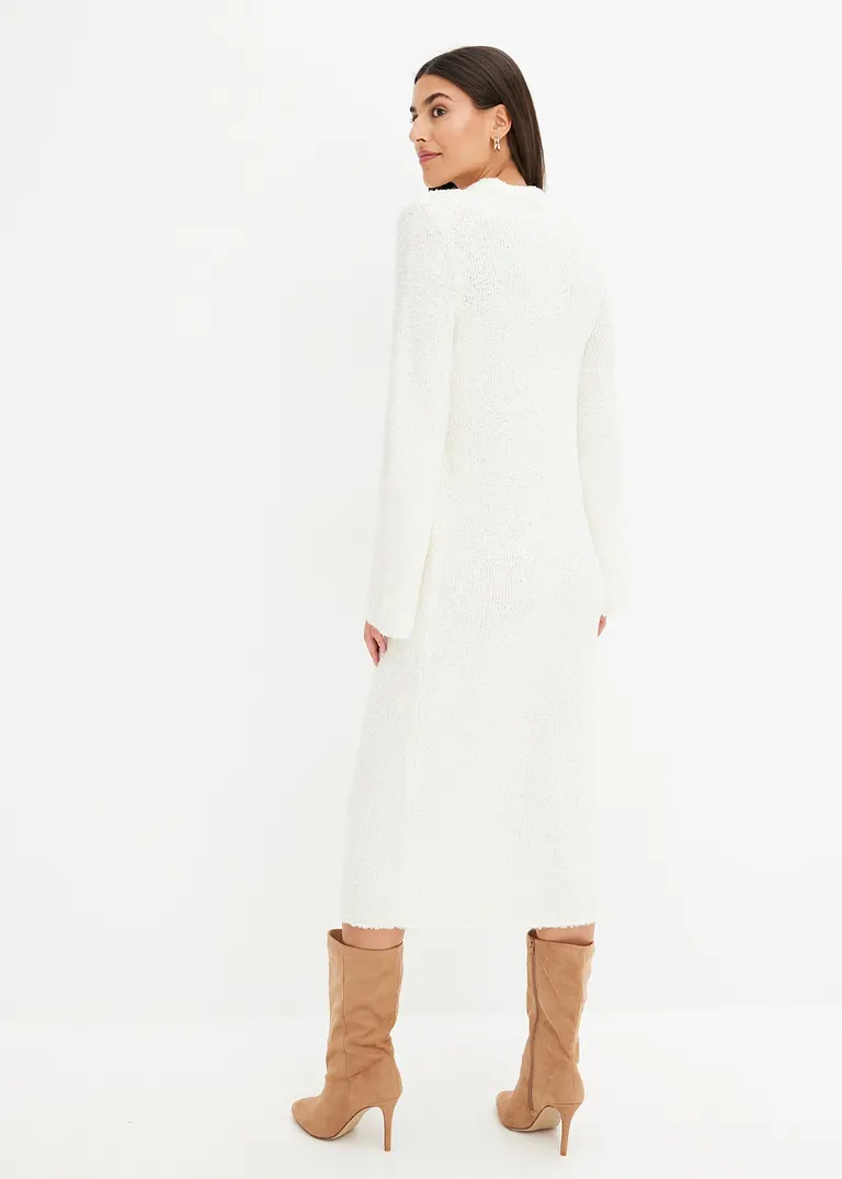 Bonprix Edles Bouclé Strickkleid Mit Rundhals Ausschnitt - Weiß
