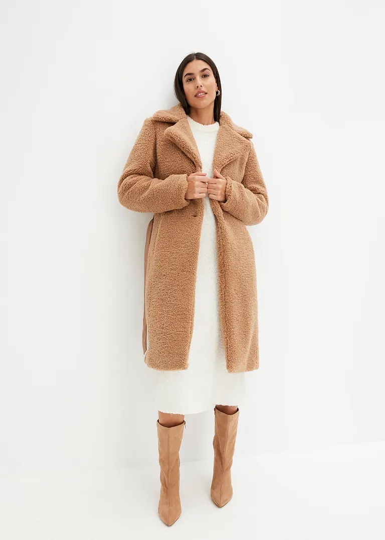 Bonprix Edles Bouclé Strickkleid Mit Rundhals Ausschnitt - Weiß