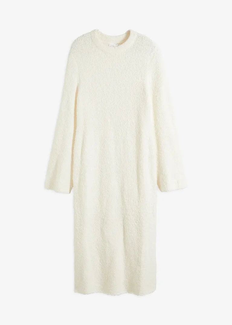 bonprix edles Bouclé Strickkleid mit Rundhals Ausschnitt - weiß