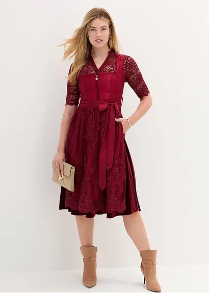 Bonprix Edles Dirndl Mit Mieder In Wildseidenoptik Perlen Am Ausschnitt Schimmernden Samtrock Und Elegant Bestickter Schürze