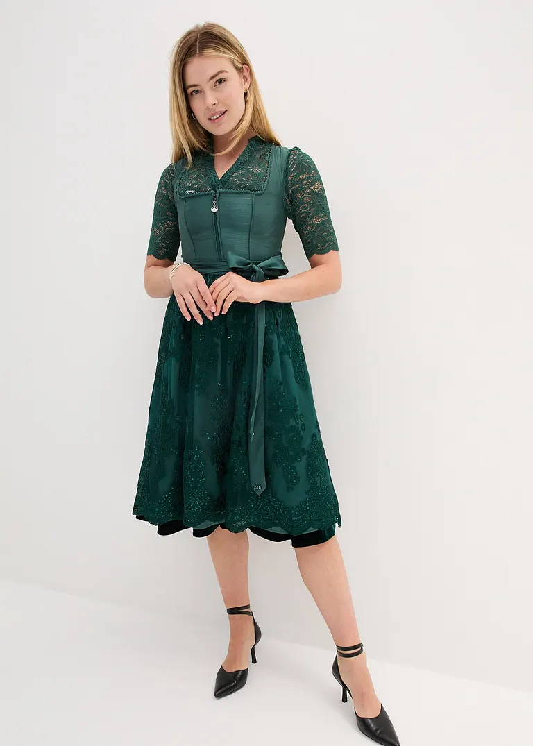 Bonprix Edles Dirndl Mit Mieder In Wildseidenoptik Perlen Am Ausschnitt Schimmernden Samtrock Und Elegant Bestickter Schürze