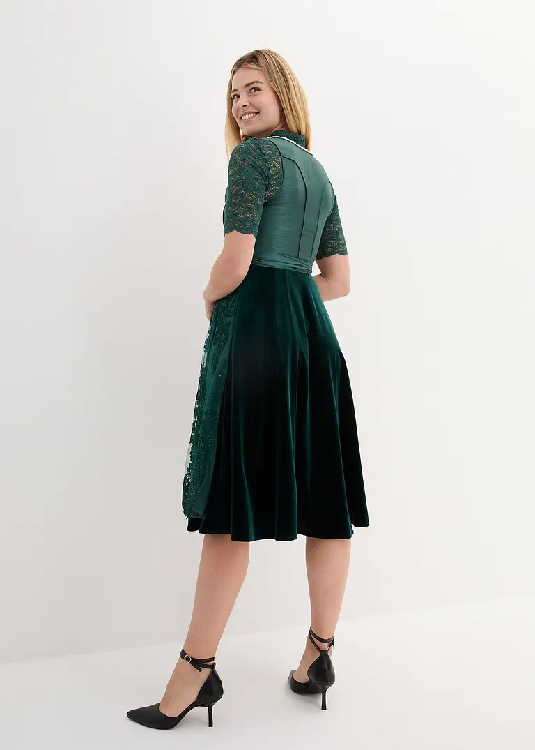 Bonprix Edles Dirndl Mit Mieder In Wildseidenoptik Perlen Am Ausschnitt Schimmernden Samtrock Und Elegant Bestickter Schürze