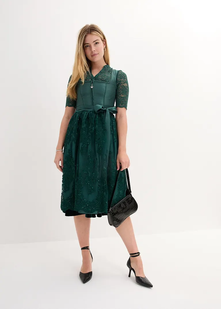 Bonprix Edles Dirndl Mit Mieder In Wildseidenoptik Perlen Am Ausschnitt Schimmernden Samtrock Und Elegant Bestickter Schürze