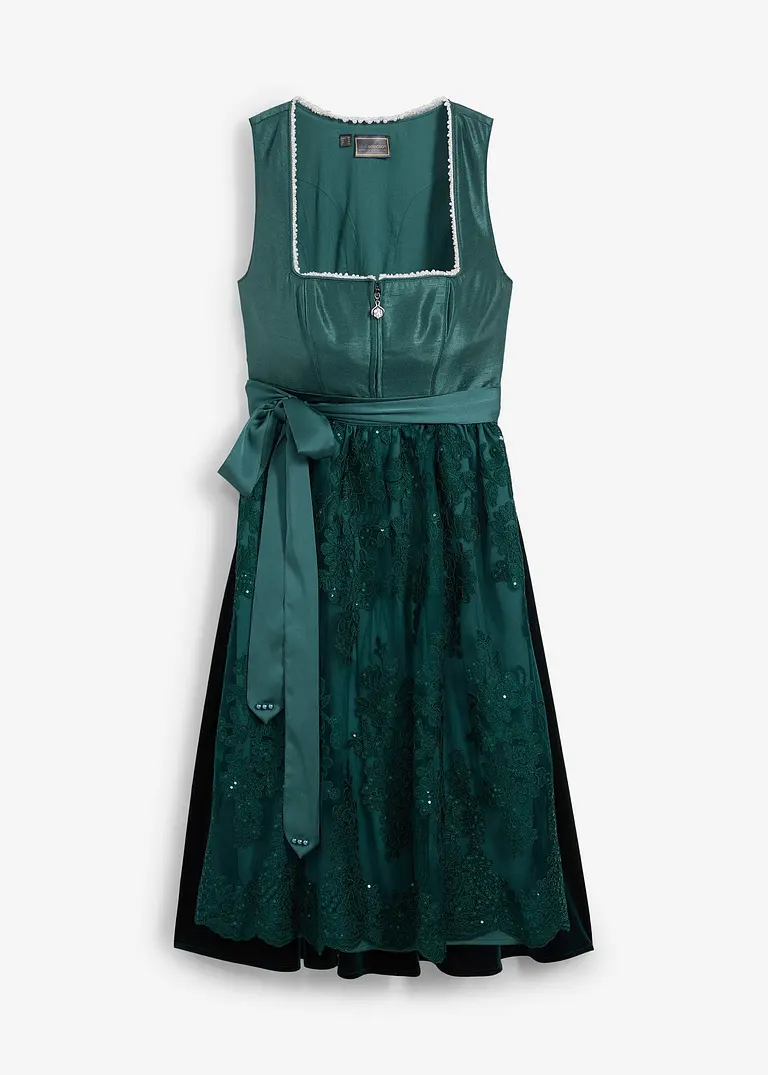 bonprix edles Dirndl mit Mieder in Wildseidenoptik Perlen am Ausschnitt schimmernden Samtrock und elegant bestickter Schürze