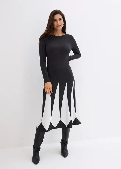 Bonprix Edles Strickkleid Im Rautendesign - Grau - Damen