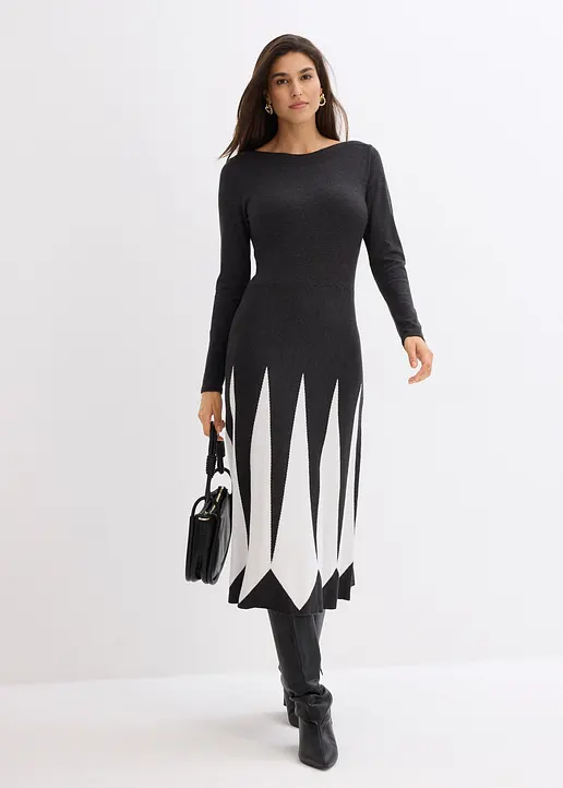 Bonprix Edles Strickkleid Im Rautendesign - Grau - Damen