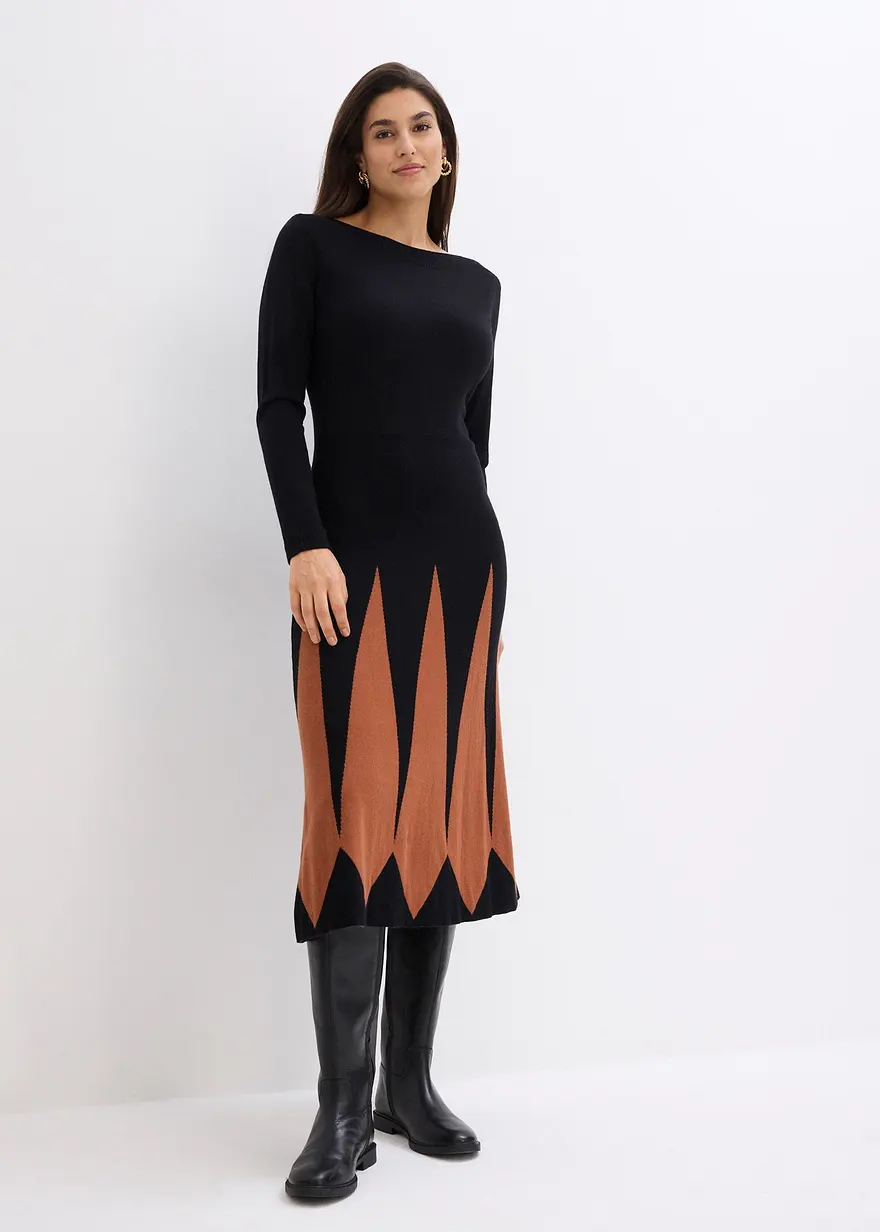 Bonprix Edles Strickkleid Im Rautendesign - Schwarz - Damen