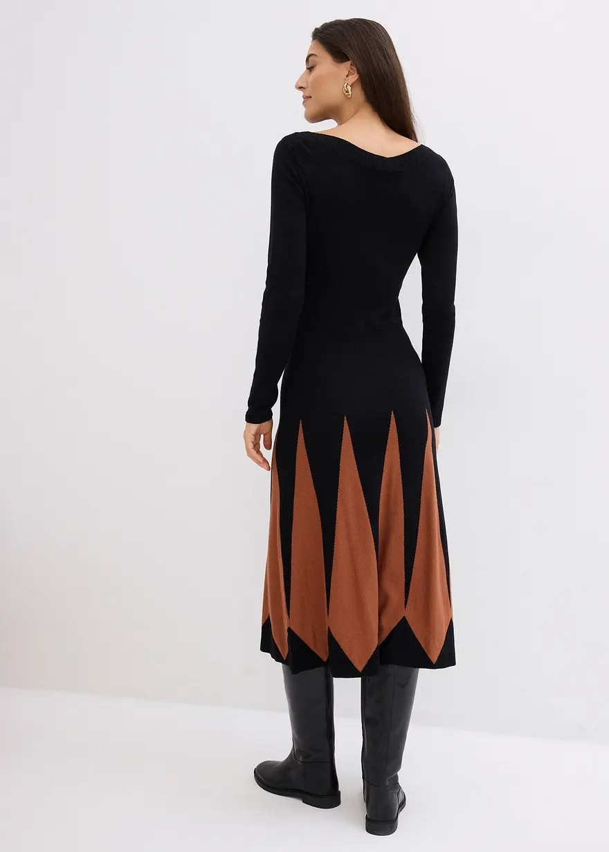 Bonprix Edles Strickkleid Im Rautendesign - Schwarz - Damen
