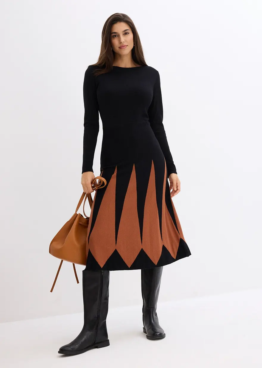 Bonprix Edles Strickkleid Im Rautendesign - Schwarz - Damen