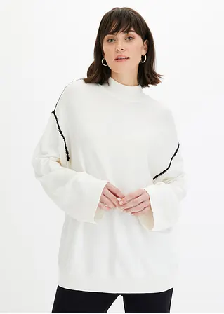 Bonprix Einfarbiger Stickpullover Mit Kontrastfarbendem Zierstich - Weiß