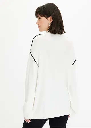 Bonprix Einfarbiger Stickpullover Mit Kontrastfarbendem Zierstich - Weiß