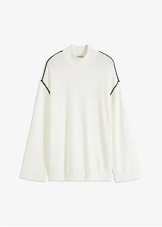 bonprix Einfarbiger Stickpullover mit kontrastfarbendem Zierstich - weiß