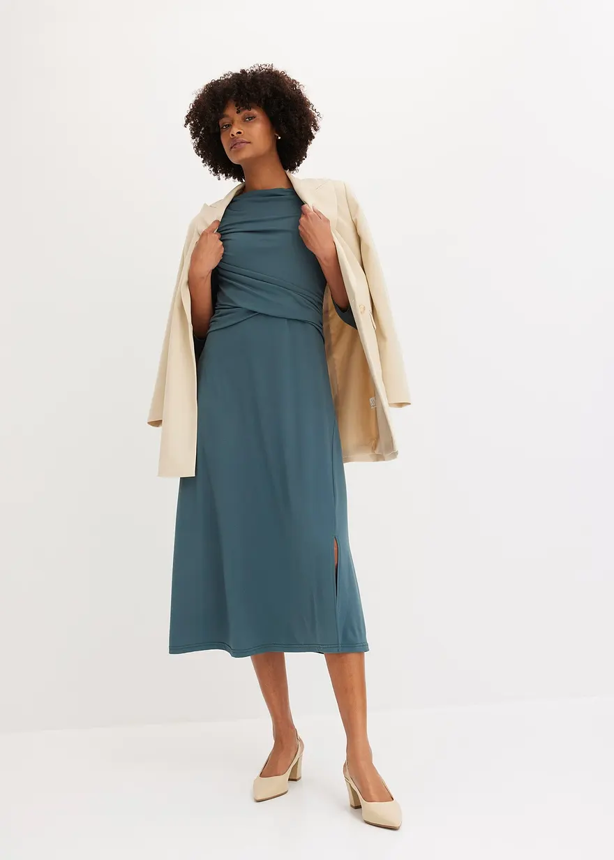 Bonprix Elegant Drapiertes Midikleid Mit Wasserfall-Ausschnitt - Grün