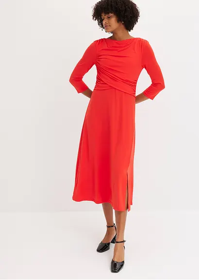 Bonprix Elegant Drapiertes Midikleid Mit Wasserfall-Ausschnitt - Rot