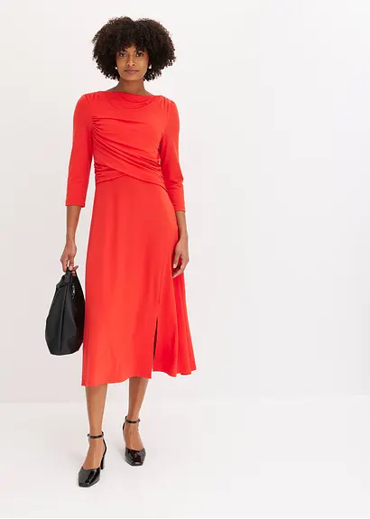 Bonprix Elegant Drapiertes Midikleid Mit Wasserfall-Ausschnitt - Rot