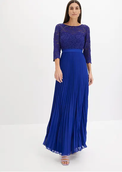 Bonprix Elegant Und Feminin: Abendkleid Aus Plissiertem Chiffon In Maxi-Länge Mit Spitze Im Oberteil Und Muschel-Saum An Den Ärmeln