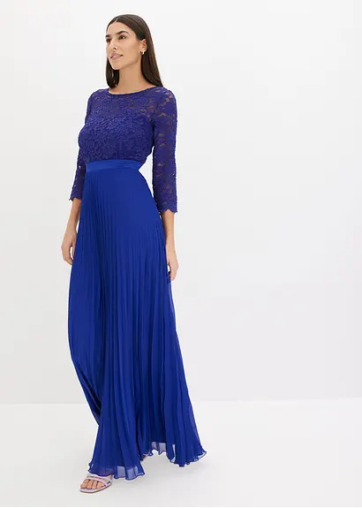 Bonprix Elegant Und Feminin: Abendkleid Aus Plissiertem Chiffon In Maxi-Länge Mit Spitze Im Oberteil Und Muschel-Saum An Den Ärmeln