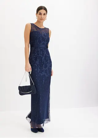 Bonprix Elegant Und Feminin: Abendkleid Aus Tüll Mit Floraler Stickerei Und Taillen-Einsatz Aus Glänzendem Satin